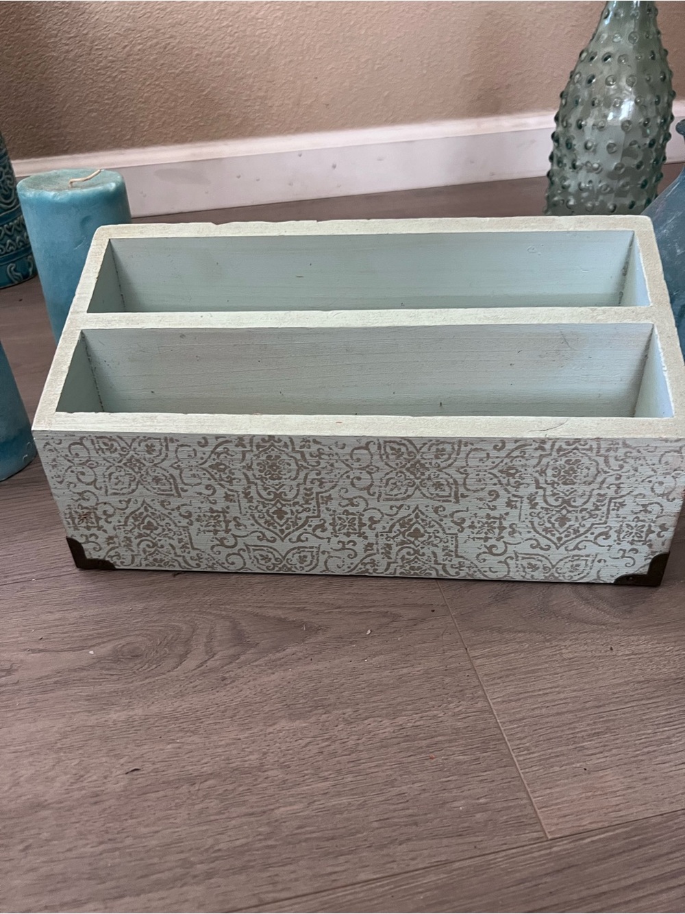 Decorative Double Compartment Wooden Organizer in Light Aqua